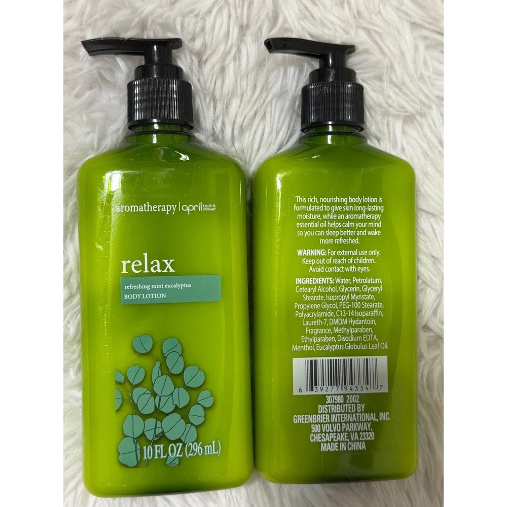 April Bath & Shower Aromatherapy Relax Body Lotion Mint Eucalyptus 10oz Set of 2